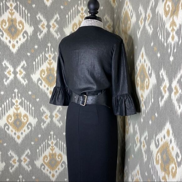 Ralph Lauren Black Label Jet Black Polished Linen Cropped Ruffle Sleeve Jacket - Picture 5 of 16